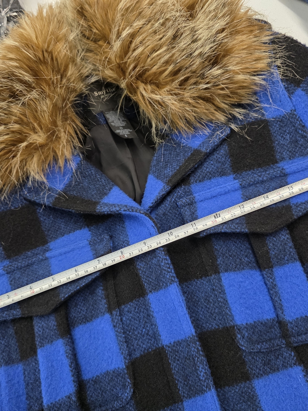 Smythe Wool Black & Electric Blue Buffalo Checks barn jacket with Faux Fur Trim - Picture 7 of 16
